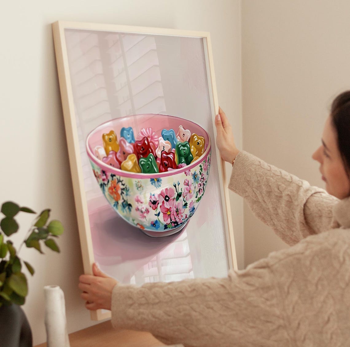 Gummy Bear Candy Bowl Floral Pattern Playful Pink Dessert Wall Poster - Image 4