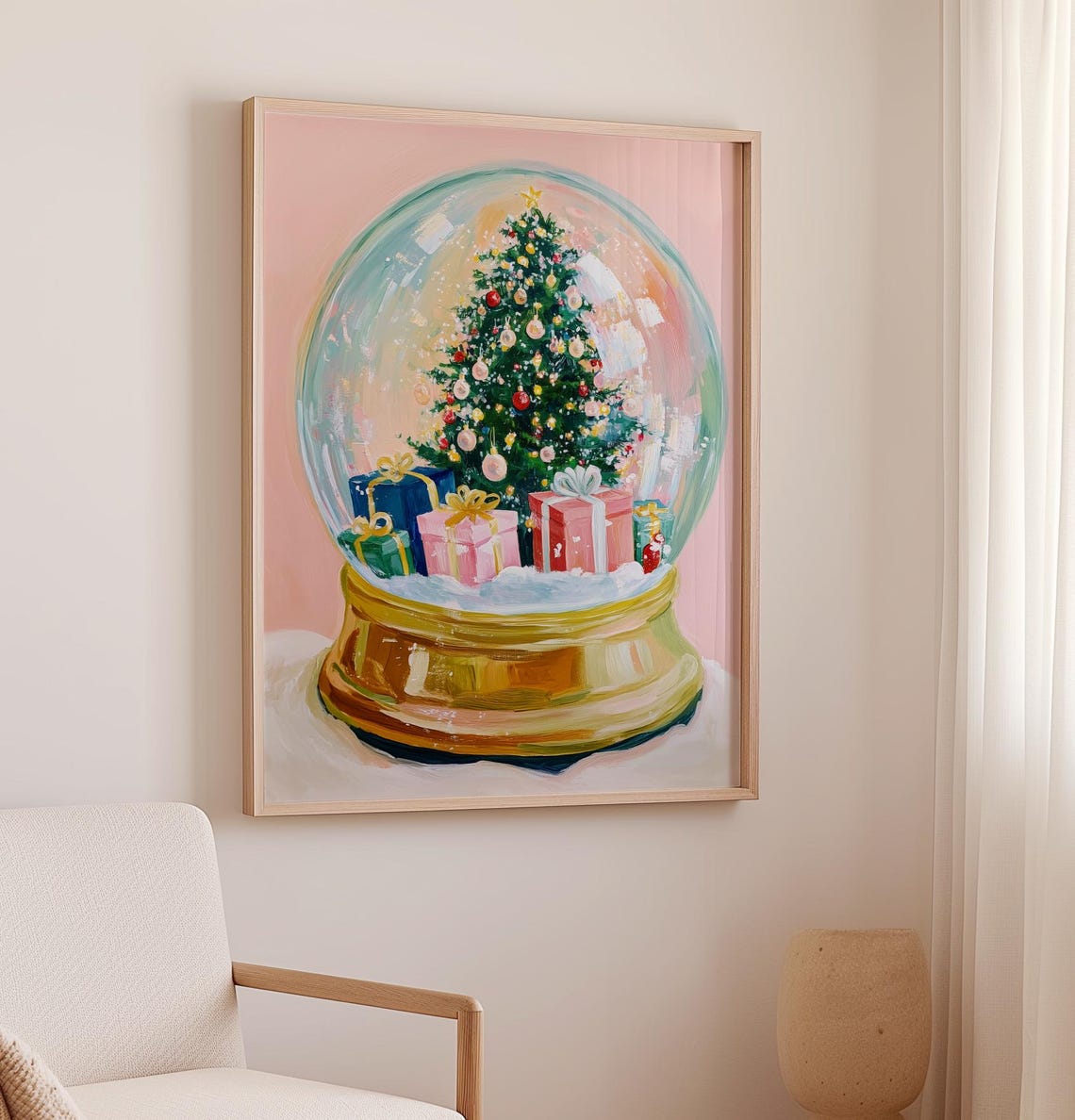 Snow Globe With Christmas Tree And Gifts On Blush Pink Art Poster - Image 2