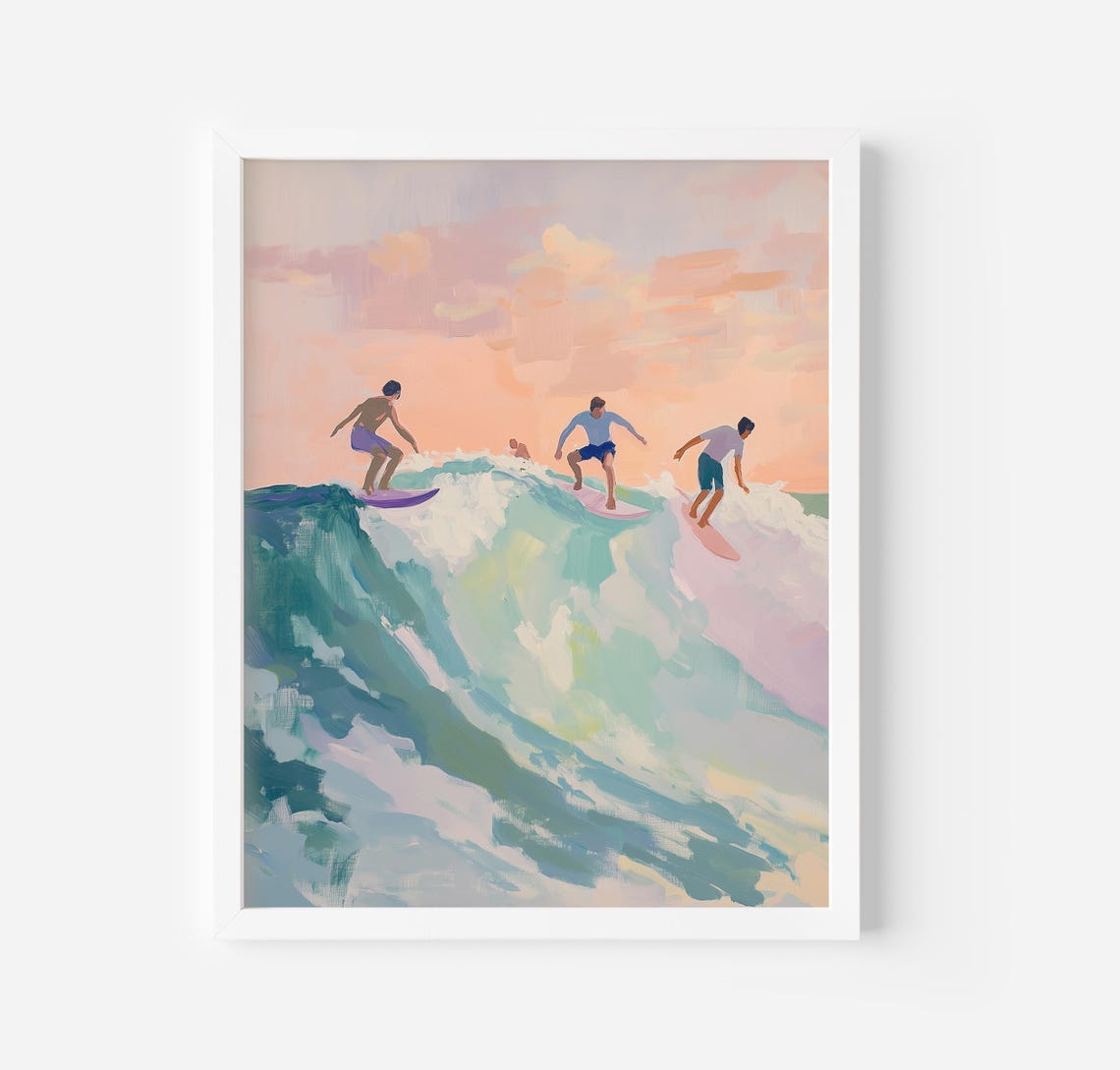 Three Friends Surfing Big Ocean Wave Pastel Beach Painting Poster