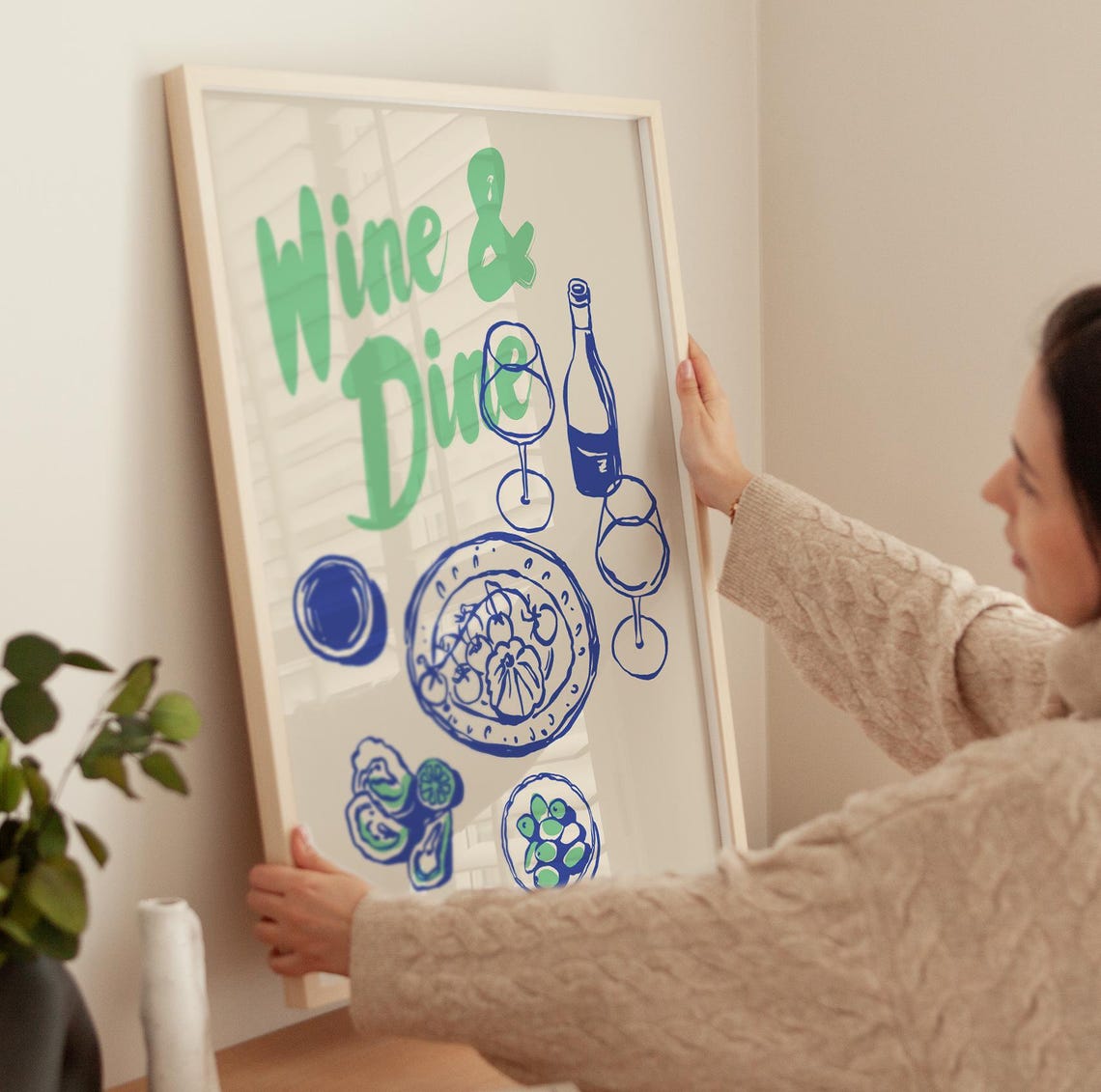 Wine and Dine Green Script Oyster Pasta Dinner Blue Line Art Poster - Image 4