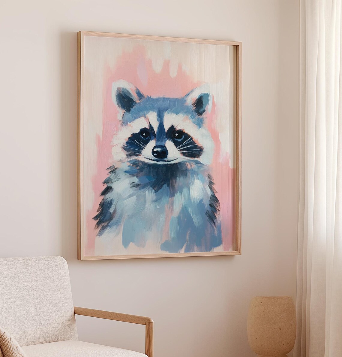 Charming Raccoon Portrait Against Soft Pink Woodland Art Poster - Image 2