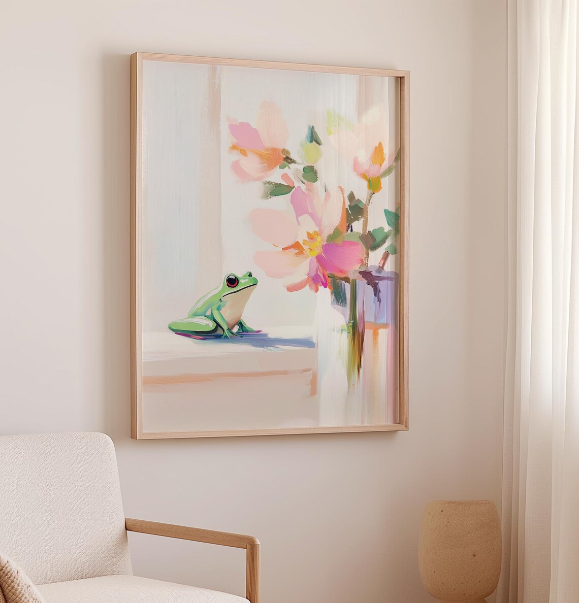 Green Frog Beside Pink Flowers Pastel Watercolor Painting Poster - Image 2