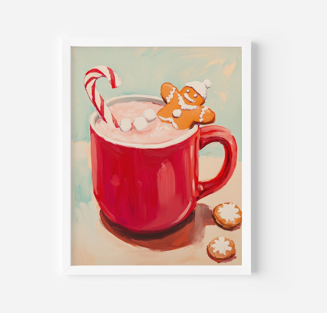 Cozy Red Mug Hot Chocolate Gingerbread Candy Cane Christmas Poster