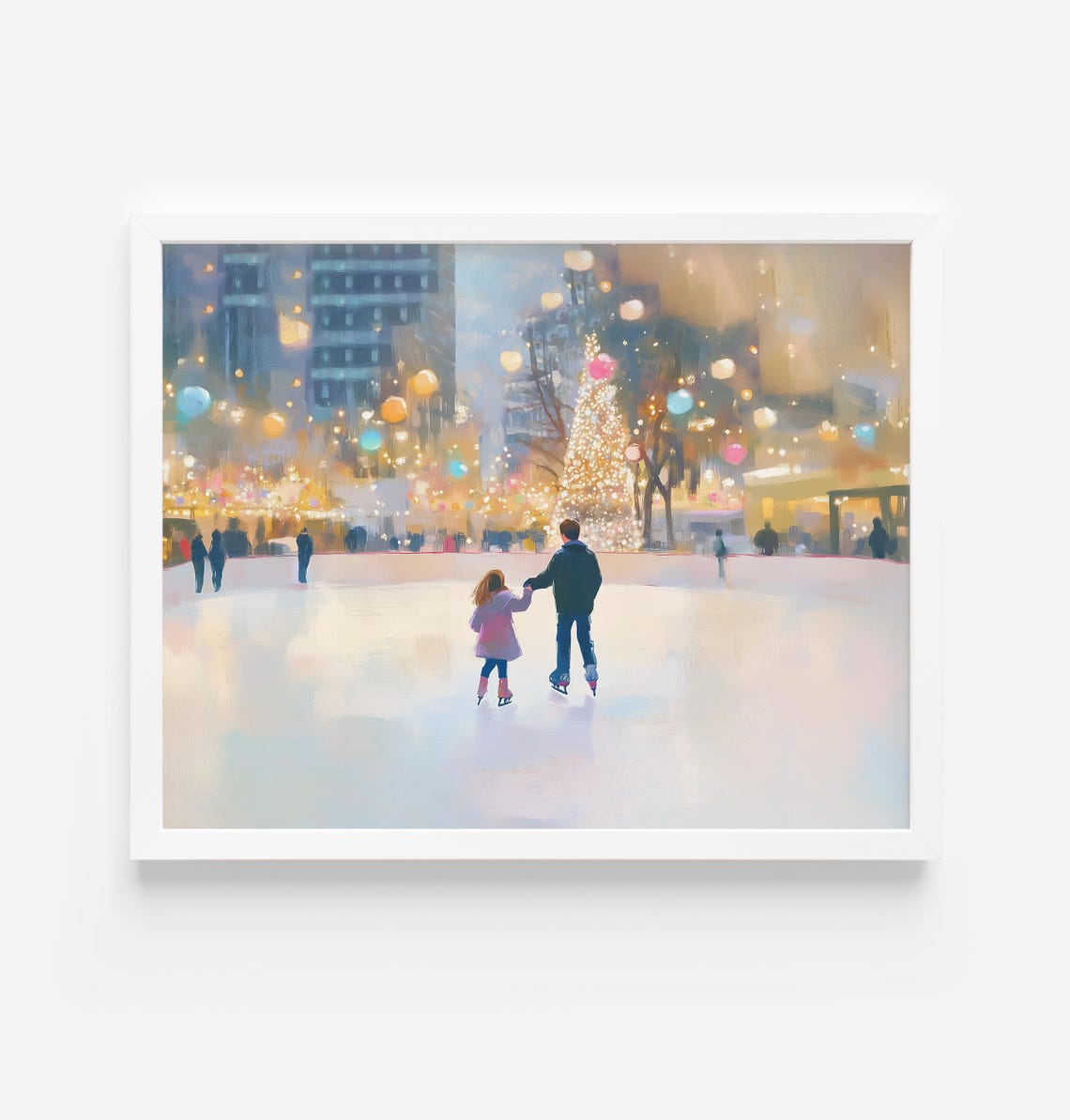Festive Father And Daughter Ice Skating At A Night City Rink Poster
