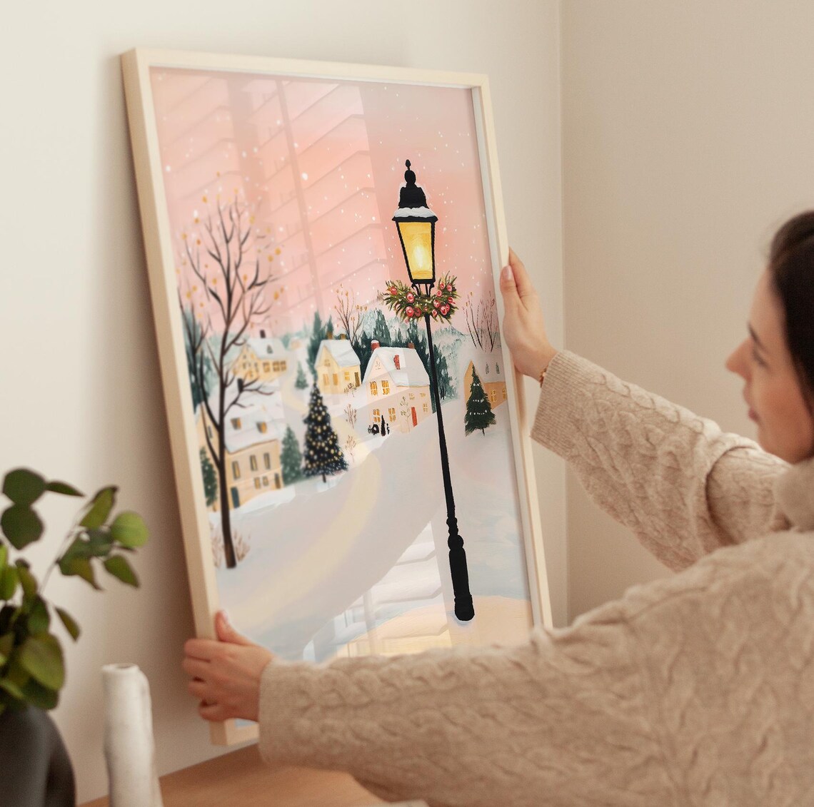 Magical Pink Christmas Village Snowy Night Lamppost Holiday Poster - Image 3