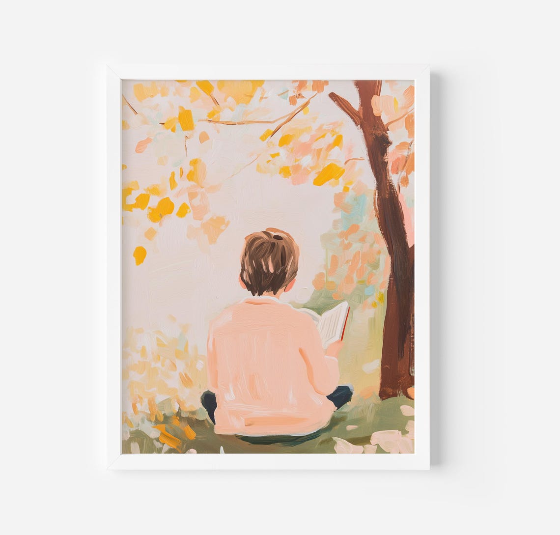 Boy Reading Under A Tree Autumn Leaves Book Lover Painting Poster