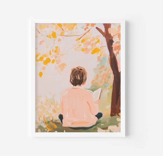 Boy Reading Painting Book Lover Wall Art Reading Nook Library Decor Boys Room Nursery Fall Room Decor Boy Reading In Nature