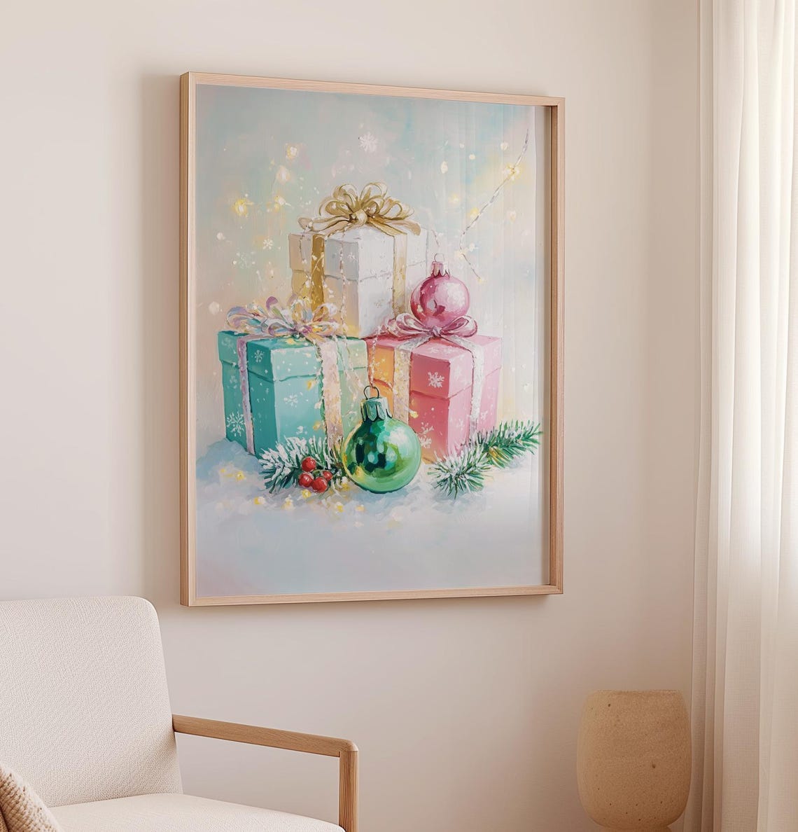 Pastel Christmas Gifts And Ornaments With Pine Festive Art Poster - Image 2