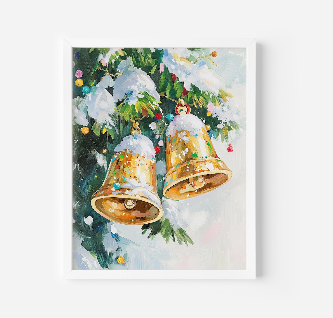 Golden Christmas Bells On Snowy Evergreen Branch Winter Art Poster