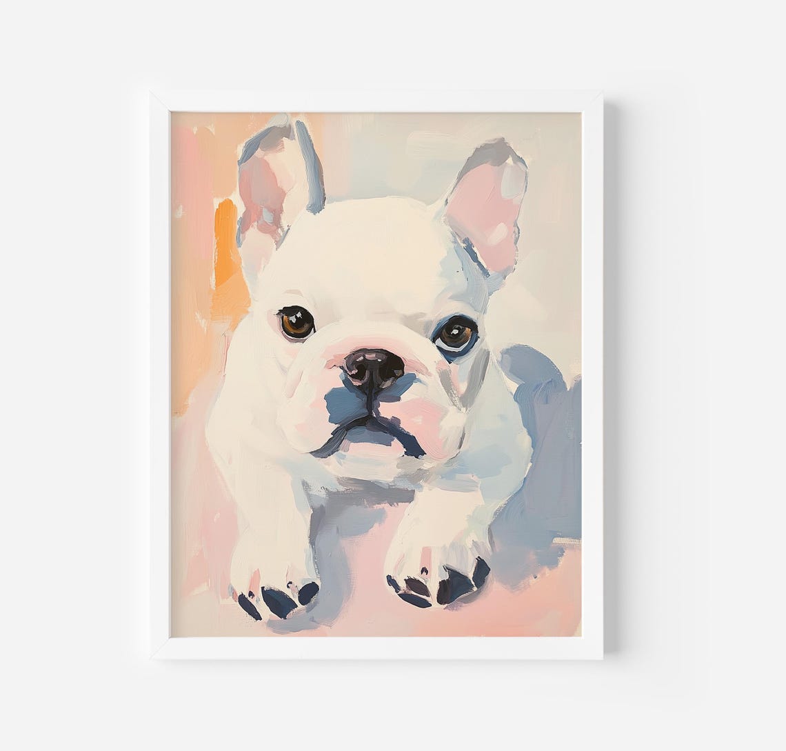 Baby French Bulldog Art Print White French Bulldog Cute French Bulldog Mom Gift Nursery Wall Decor Oil Painting Trendy Prints