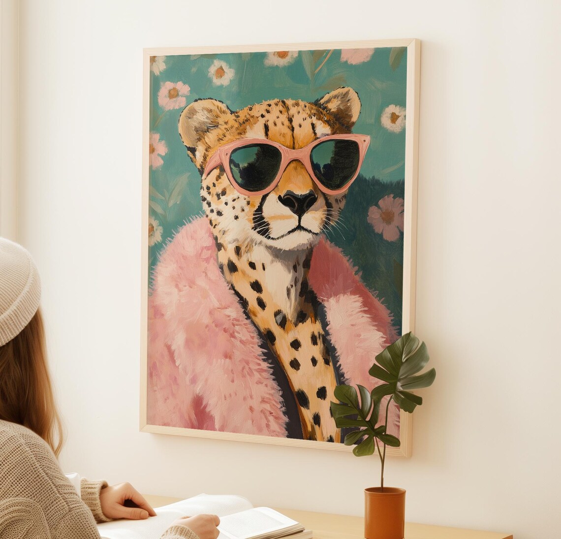 Glamorous Cheetah in Pink Sunglasses and Fur Coat Trendy Safari Art Poster - Image 2