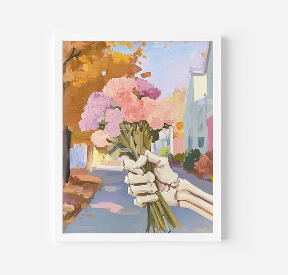 Skeleton Hand Holding Pink Flower Bouquet Spooky Fall Art Poster