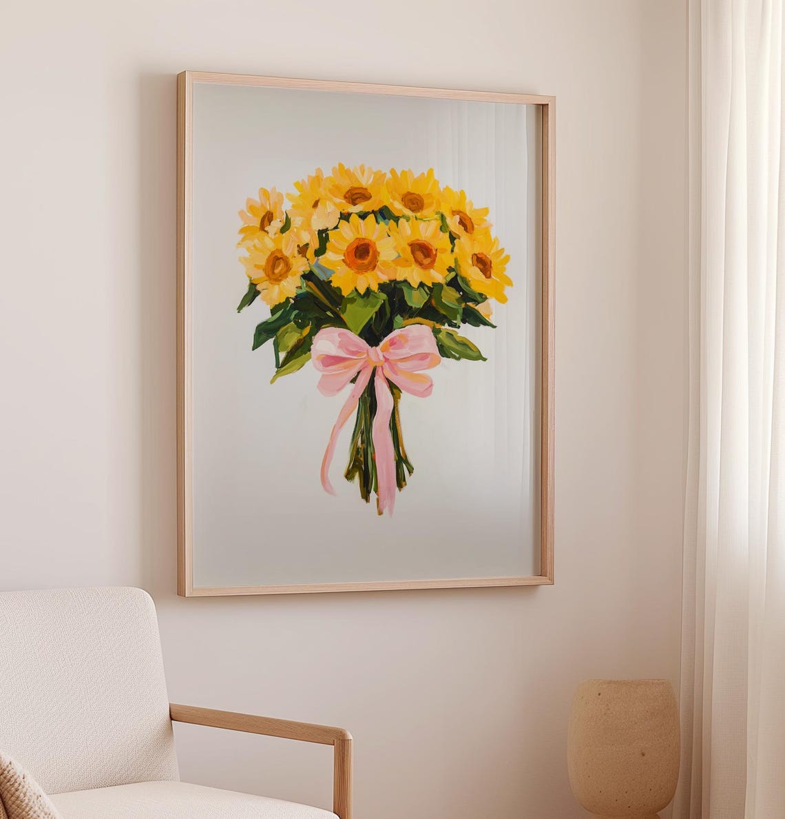 Yellow Sunflower Bouquet With Pink Bow Cheerful Floral Poster - Image 2
