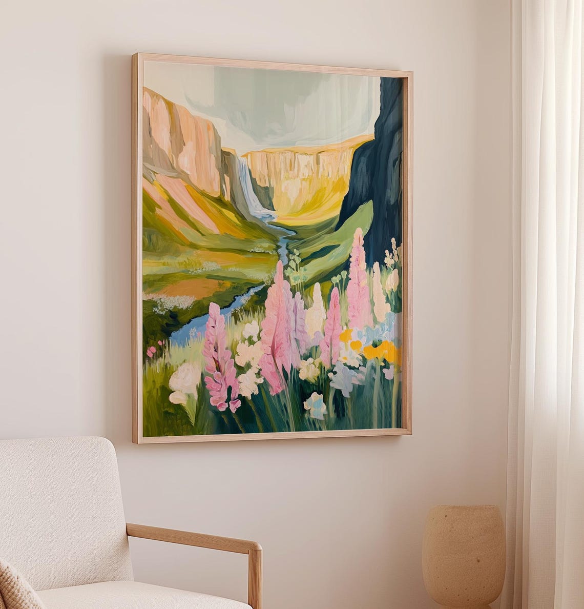 Pink Lupine Meadow Valley Waterfall Pastel Mountain Scenery Poster - Image 2