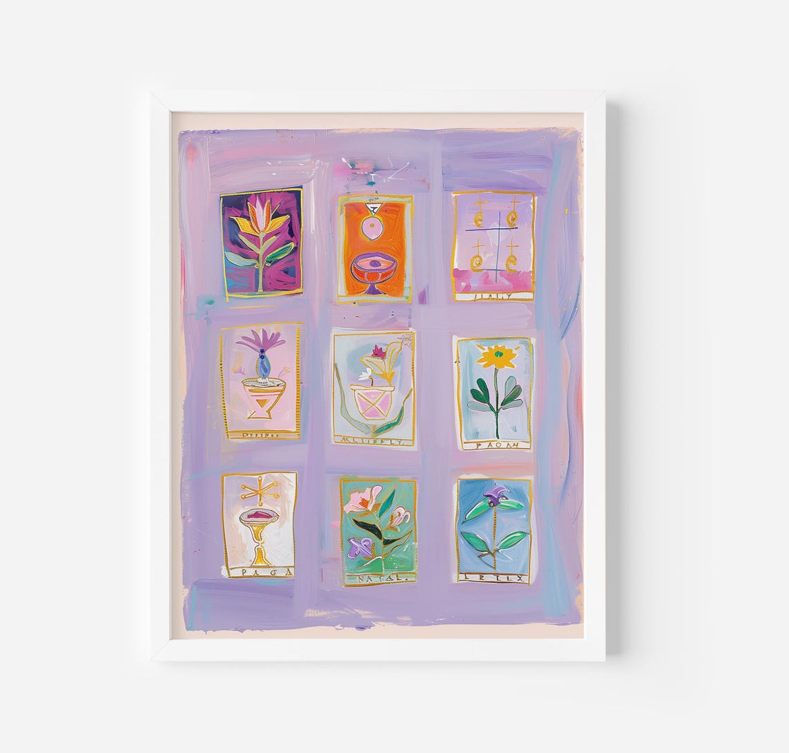 Celestial Tarot Cards Grid Purple Floral Oracle Art Painting Poster