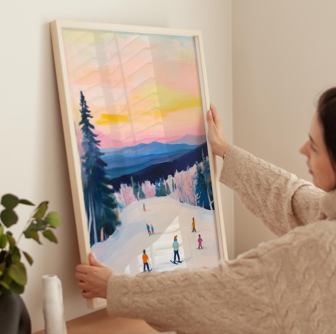 Snowy Mountain Sunset Painting, Winter Ski Slope Art - Image 3