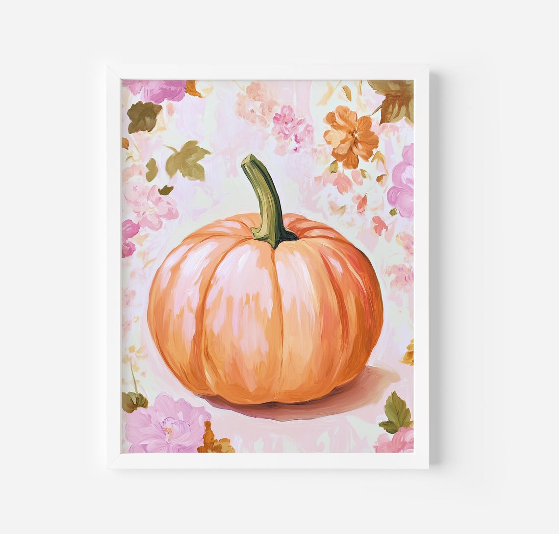 Pink Pumpkin on Floral Background Soft Autumn Fall Decor Art Poster