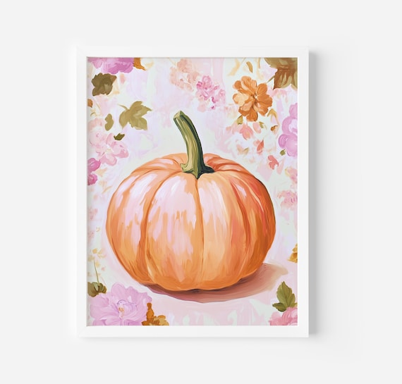 Pink Pumpkin on Floral Background Soft Autumn Fall Decor Art Poster