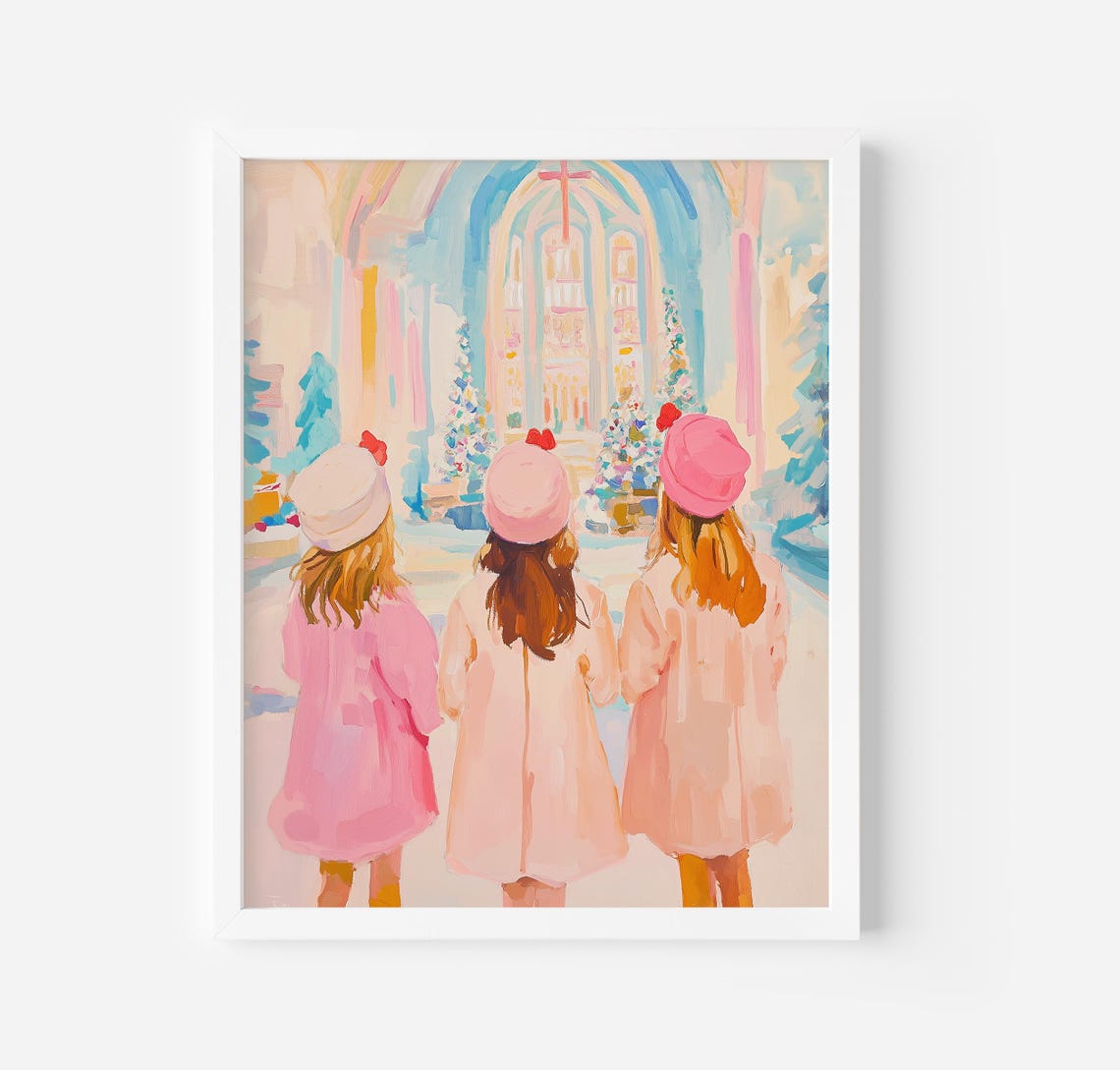 Three Girls In Christmas Church Painting Church Prints Pink Winter Print Holiday Wall Art Girly Festive Art