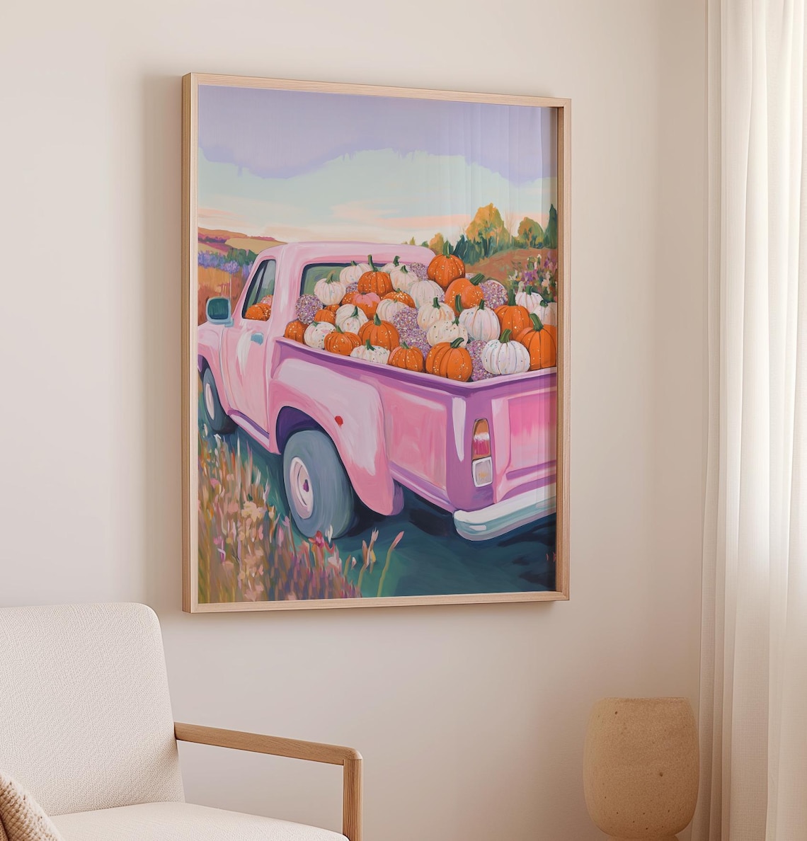 Pink Vintage Pickup Truck Full of Pumpkins Fall Harvest Scene Poster - Image 2