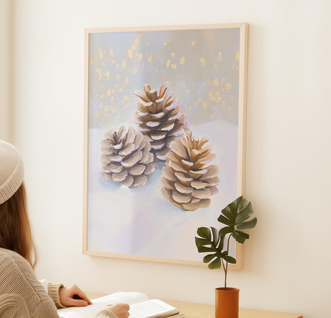 Three Pinecones In Snow With Gold Flecks Winter Holiday Poster - Image 3