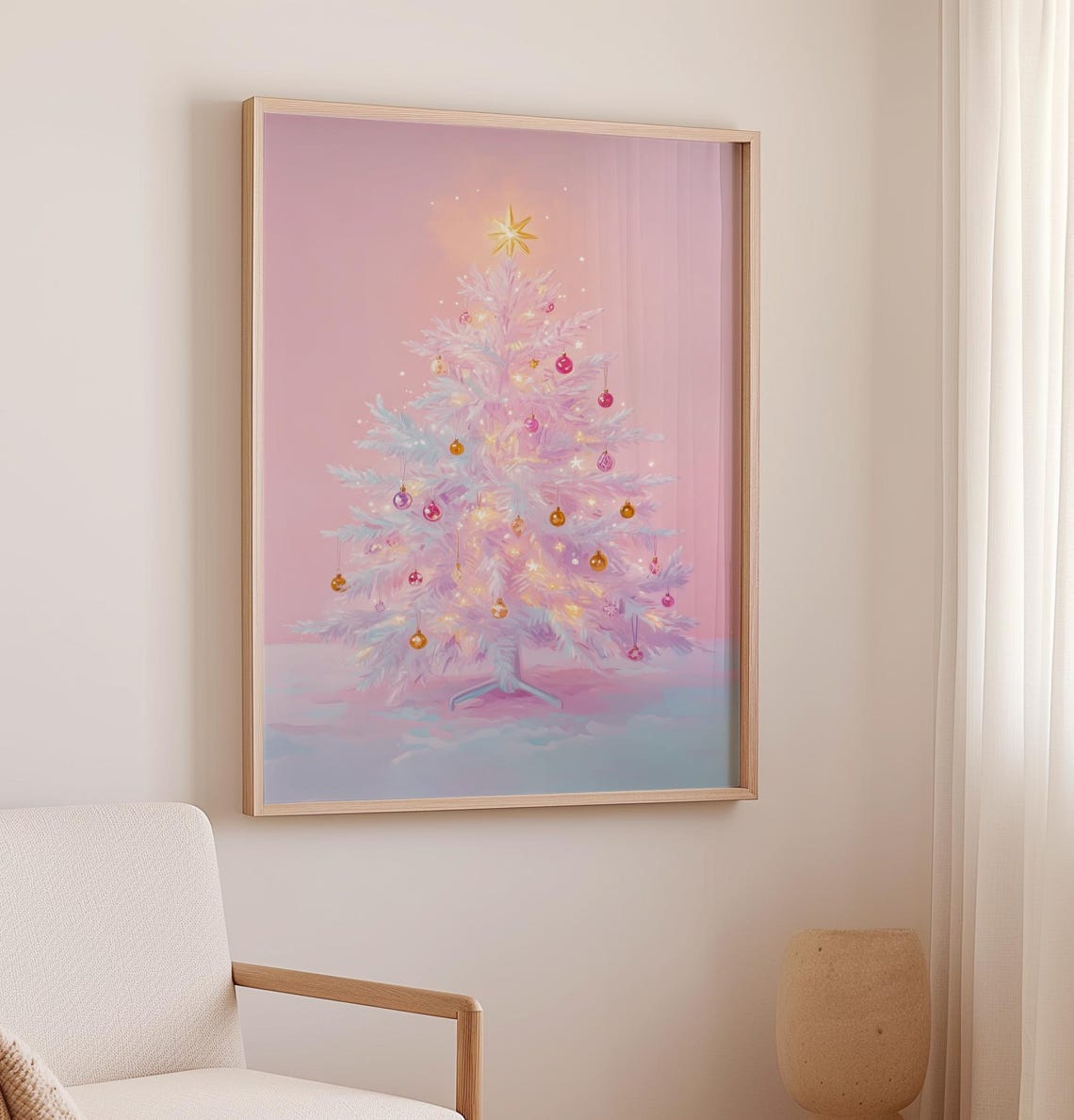 Pink Flocked Christmas Tree With Gold Ornaments Blush Poster - Image 2