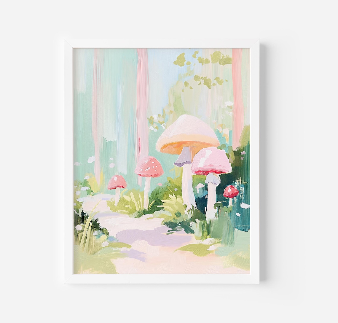 Mushroom Forest Pastel Whimsical Woodland Dreamy Painting Poster