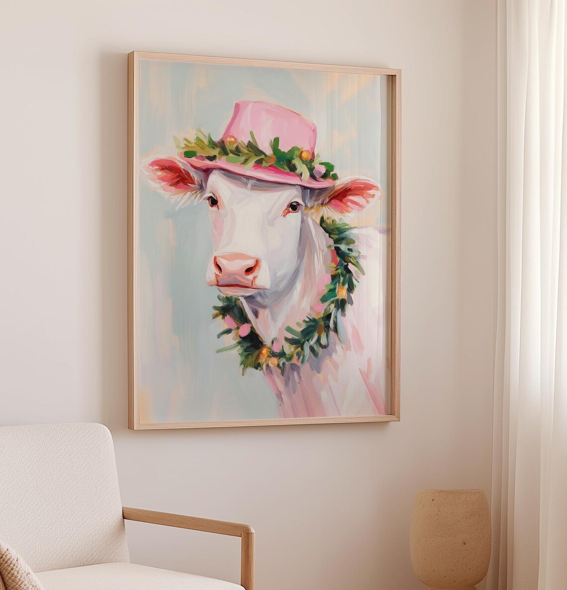 Happy Cow In Pink Floral Hat With Garden Garland Animal Poster - Image 2