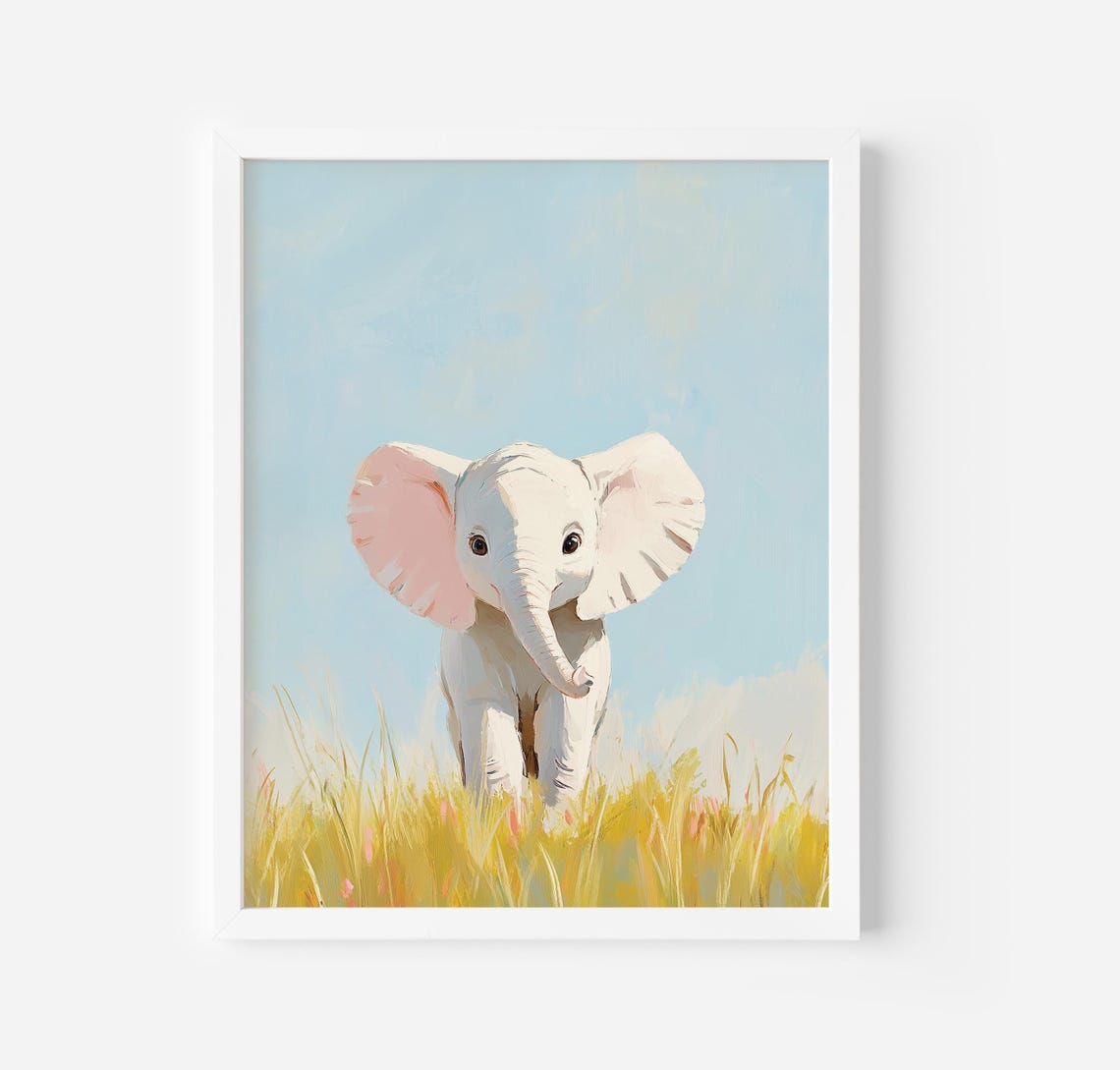Cute Baby Elephant Walking In Golden Grass Pastel Art Poster