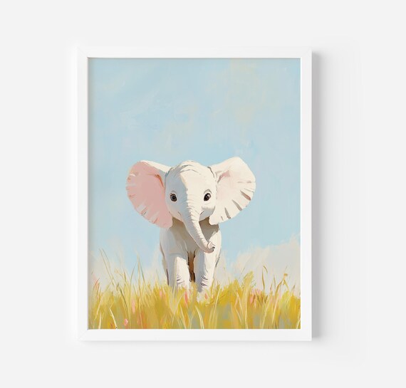 Cute Baby Elephant Walking In Golden Grass Pastel Art Poster
