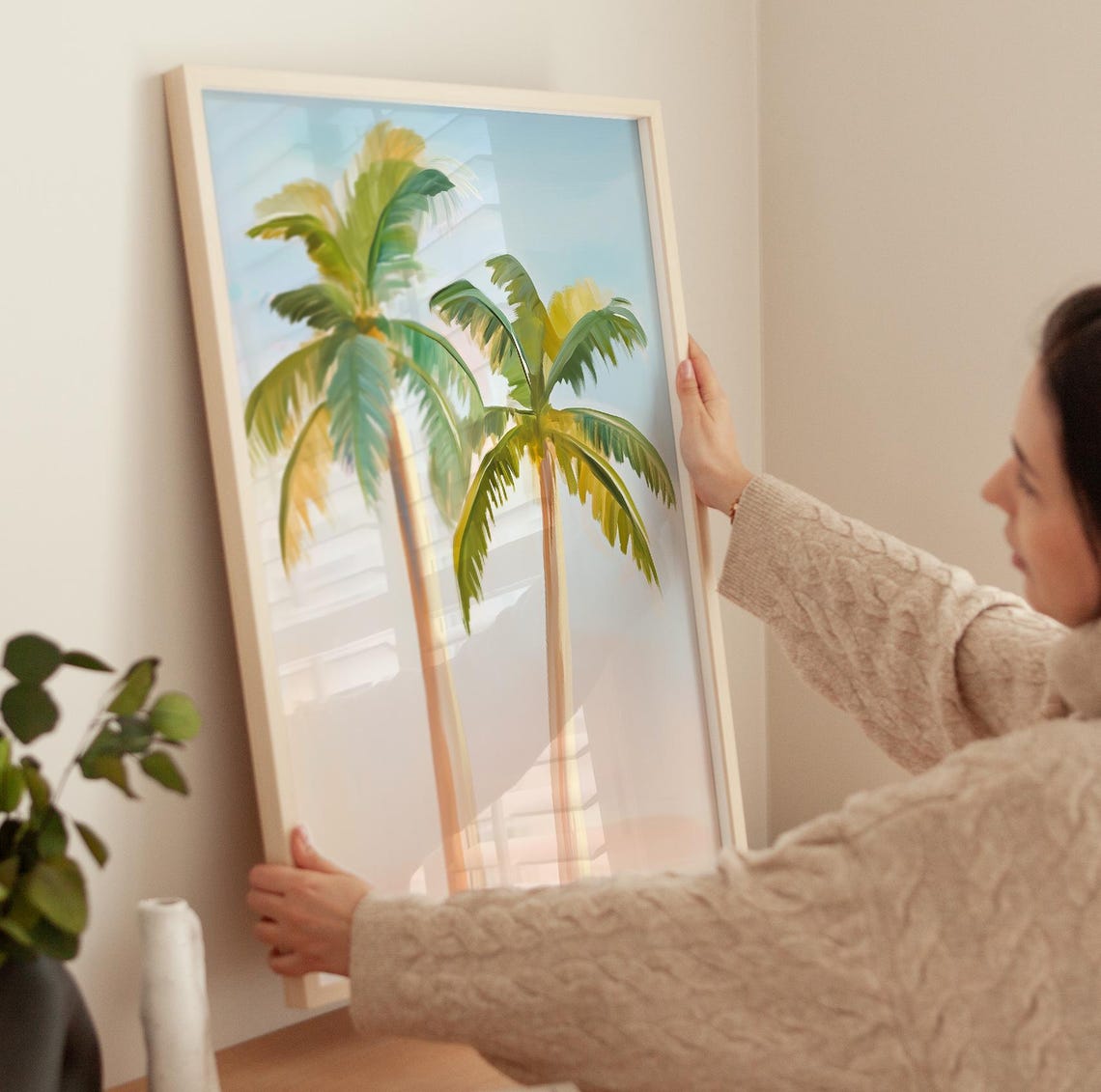 Two Tall Palm Trees Against Pastel Sky Tropical Painting Poster - Image 3