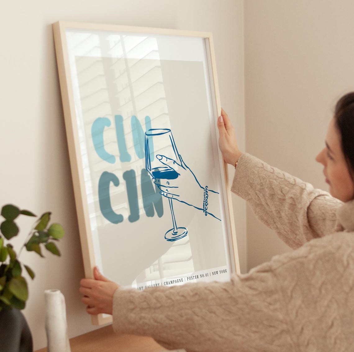 Cin Cin Wine Toast Blue Line Art Hand Champagne Gallery Wall Poster - Image 4
