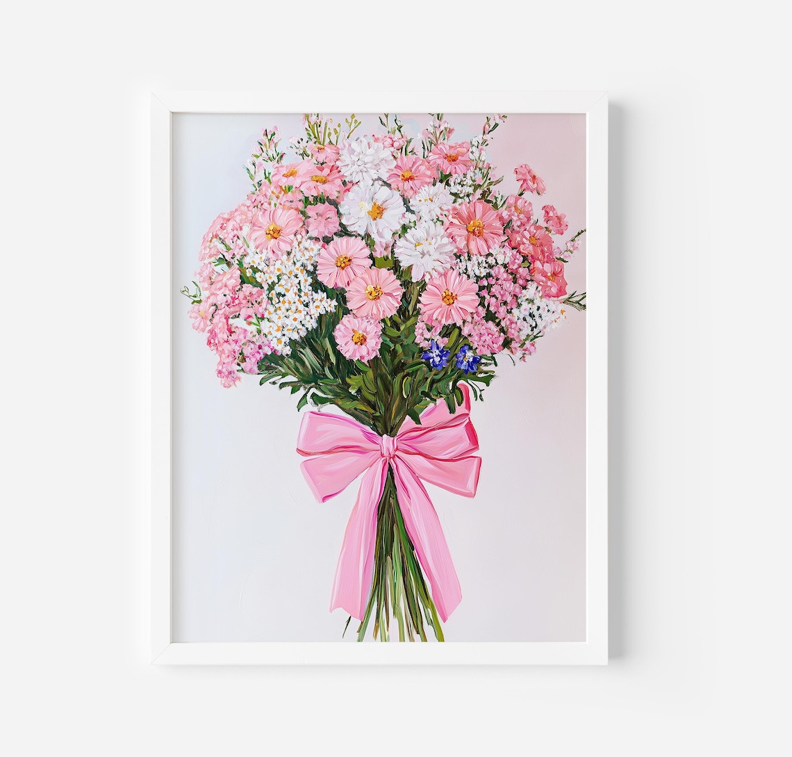 Pink Daisy Bouquet With Pink Bow Girly Floral Painting Poster