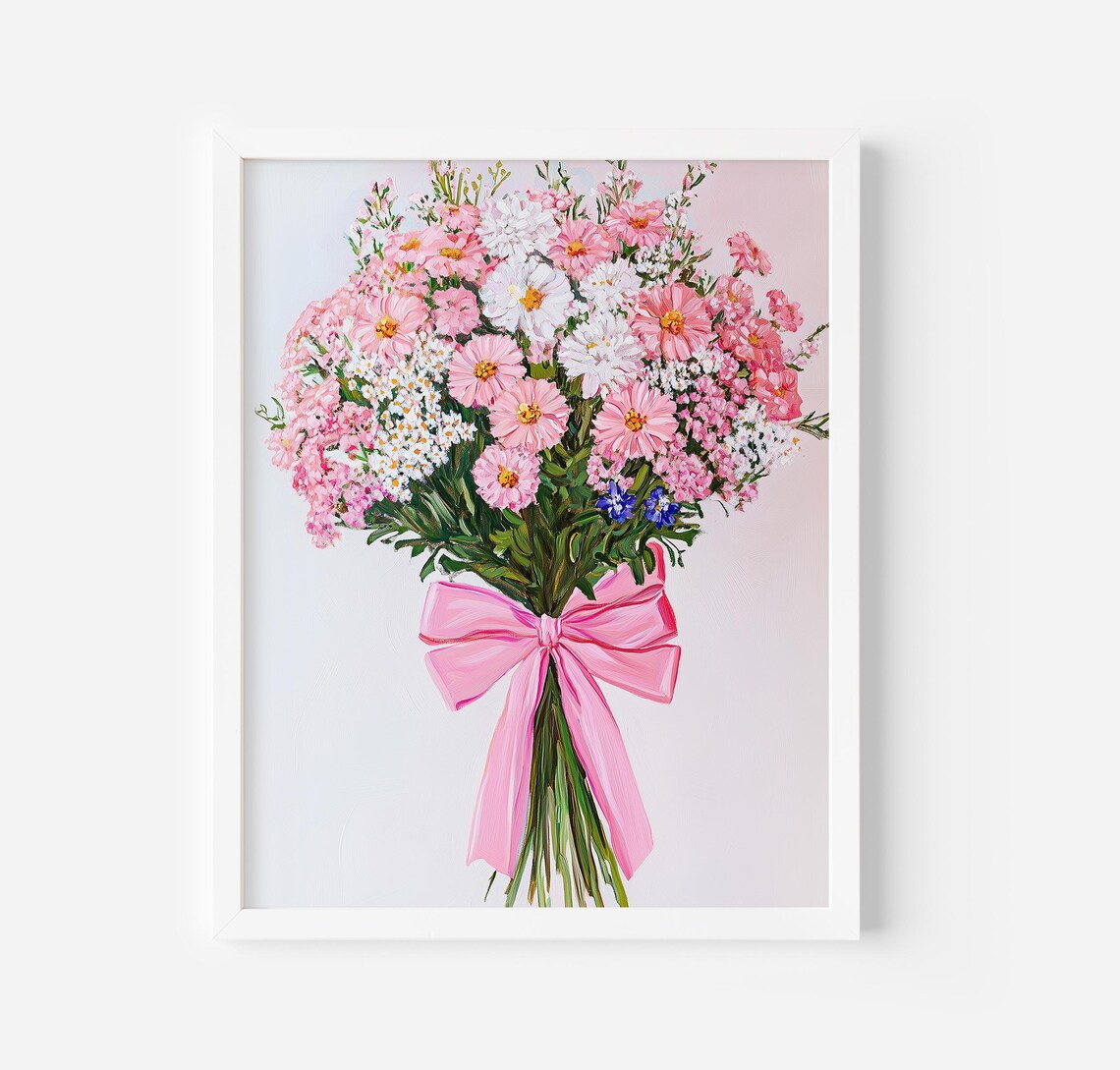 Pink Flowers Bouquet Art Trendy Valentine Preppy Room Decor Pink Flowers Pink Bow Girly Print Roses Oil Painting