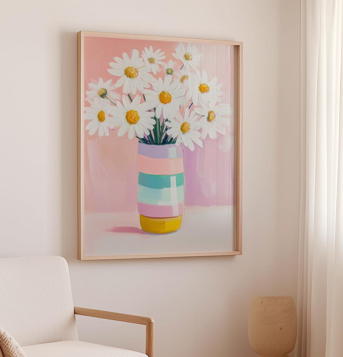 White Daisies In Striped Pastel Vase Pink Floral Painting Poster - Image 2