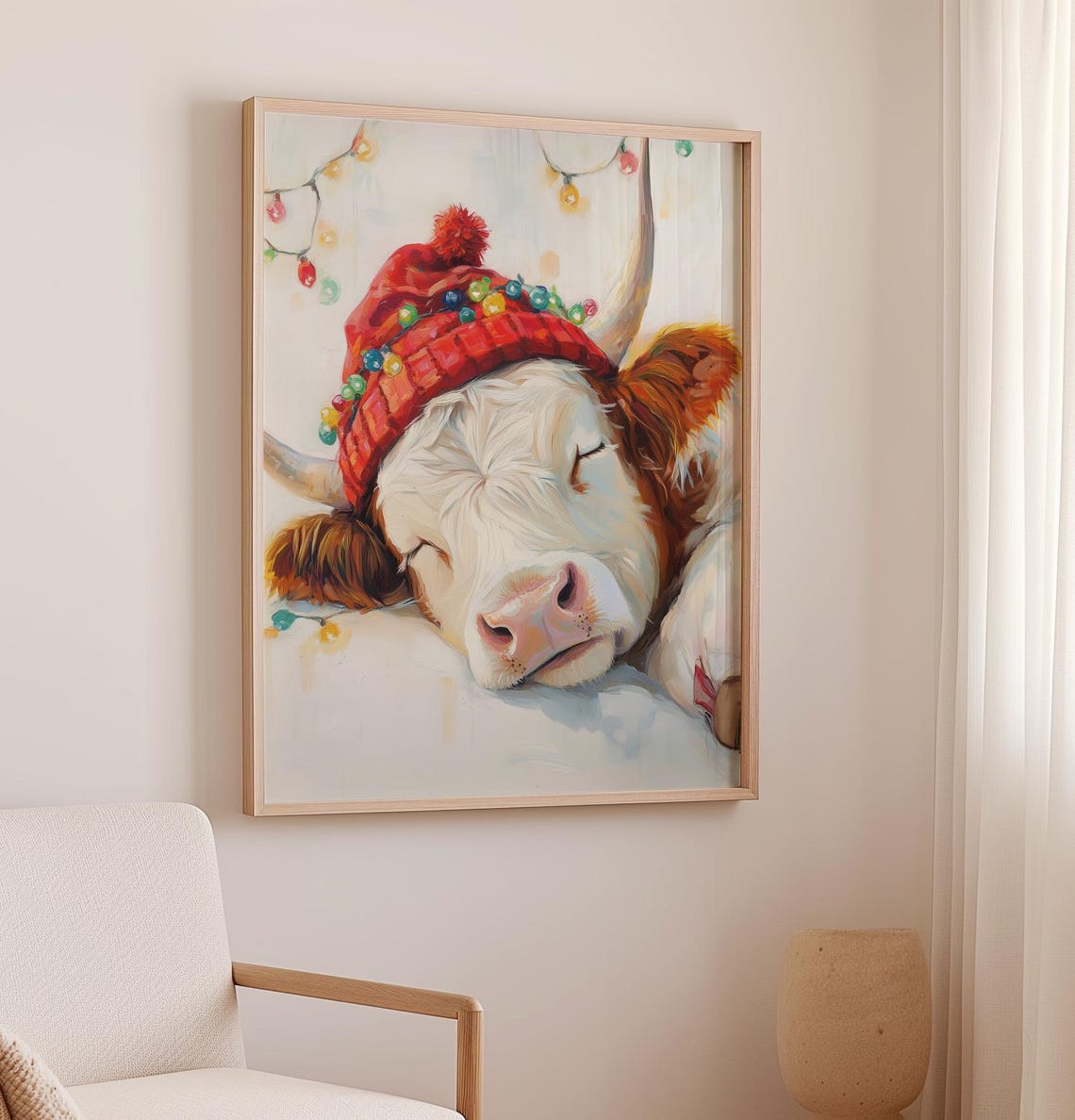Sleepy Highland Cow Wearing Red Knit Beanie Holiday Lights Poster - Image 2