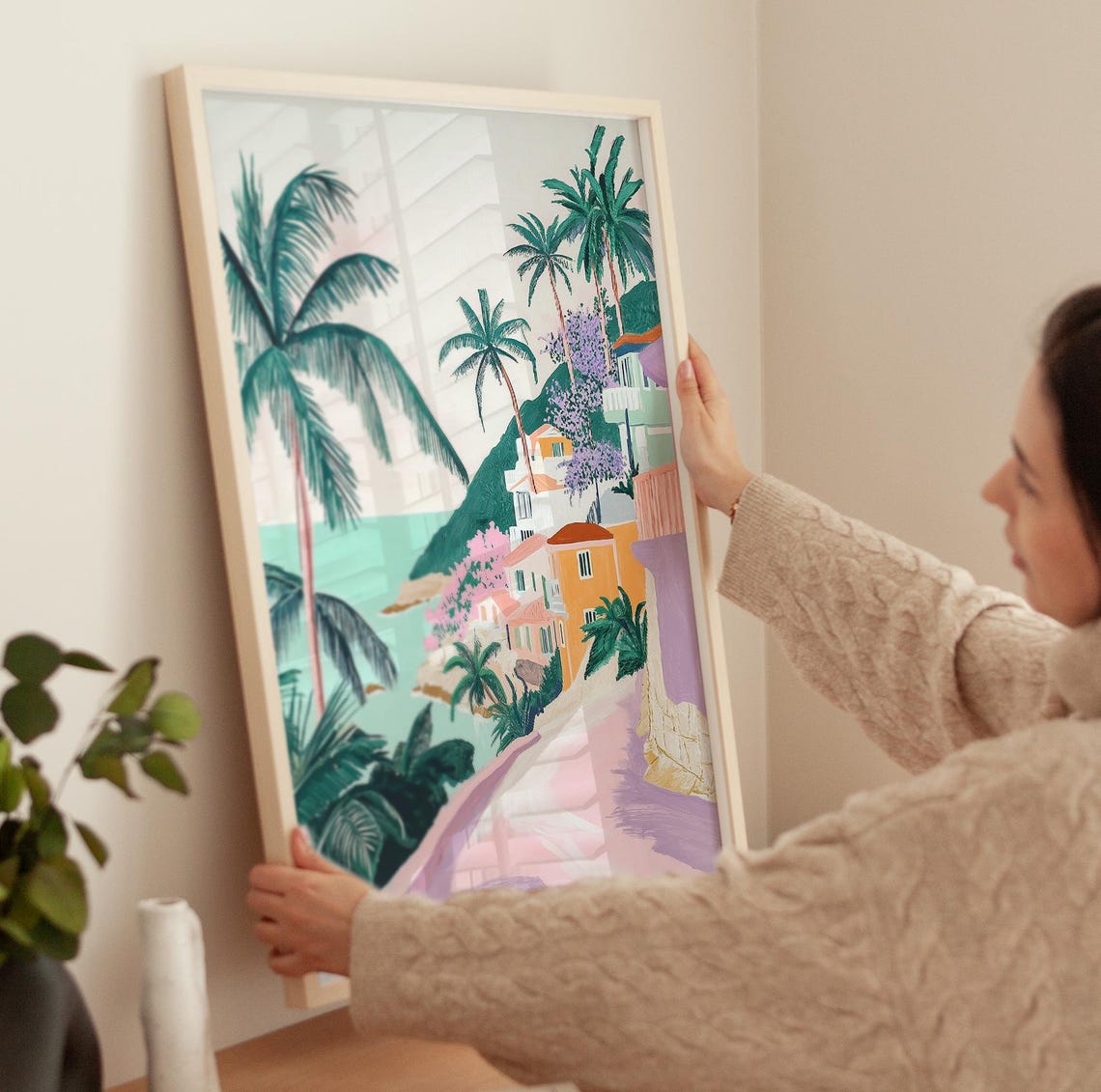 Mediterranean Coastal Village Pastel Palm Trees Seaside View Wall Art - Image 4