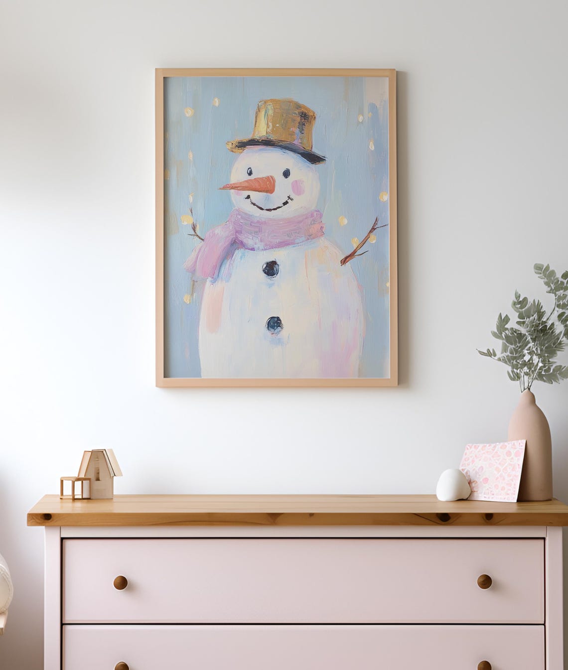 Cute Cheerful Snowman Gold Top Hat Pink Scarf Winter Art Poster - Image 2