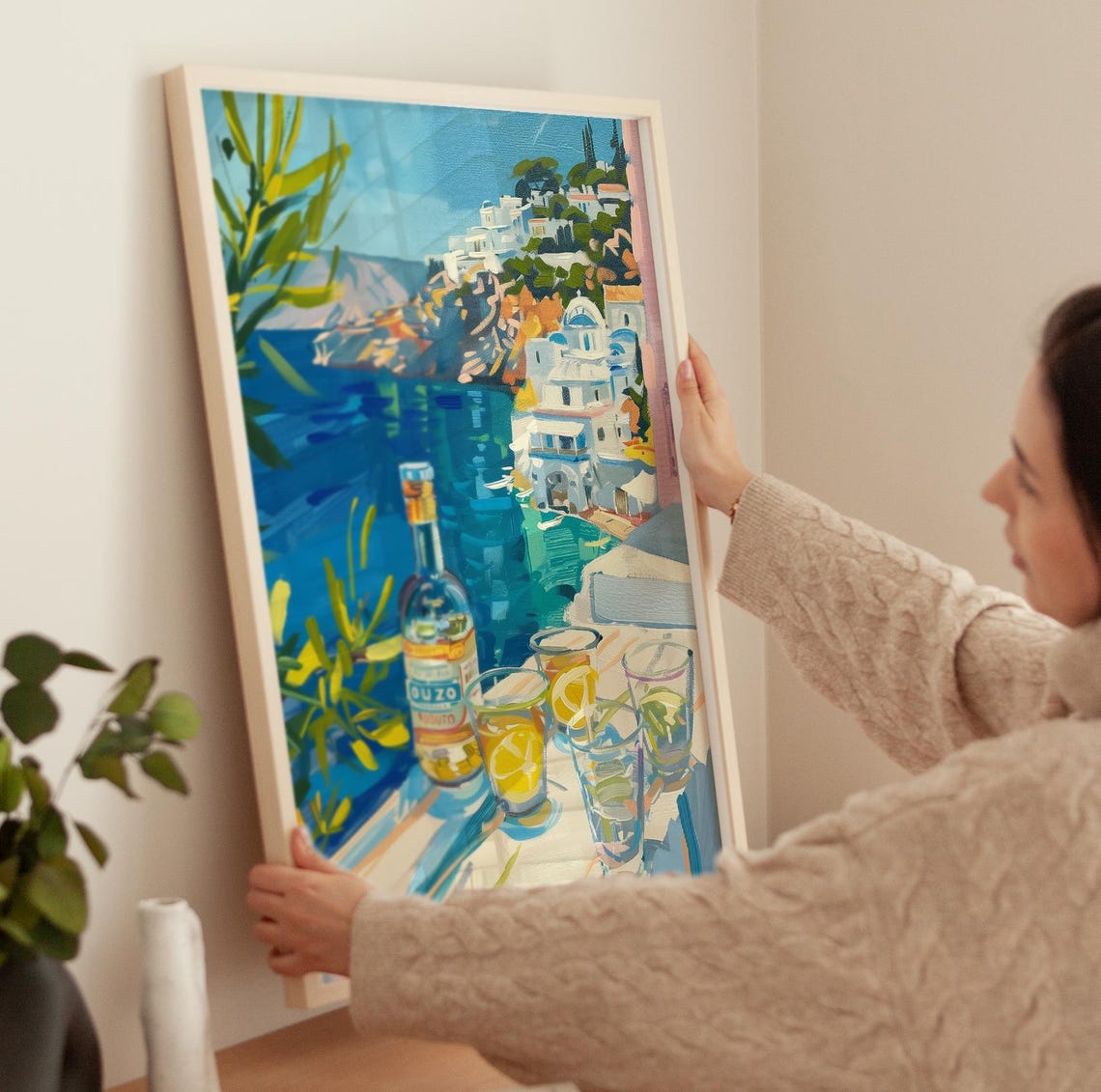 Ouzo By The Sea Wall Art Acrylic Painting Happy Gallery Summer House Wall Decor Ouzo Painting Bar Cart Wall Art Greek Island - Image 3