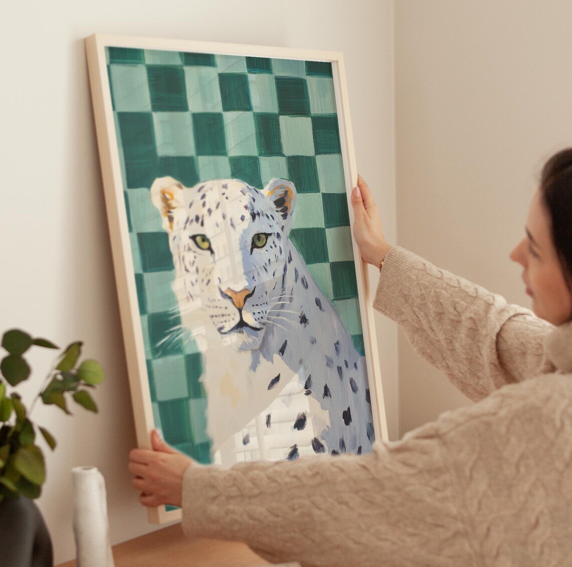 White Leopard on Green Checkered Background Pop Art Big Cat Decor Poster - Image 3