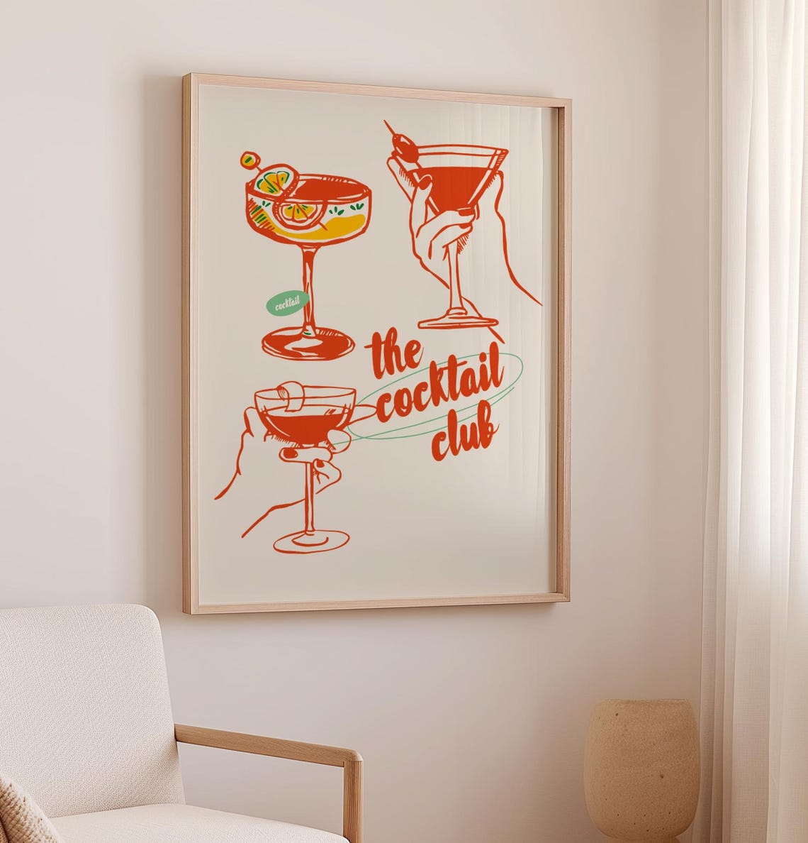 The Cocktail Club Red Martini Glasses Retro Bar Cart Drinks Art Poster - Image 3