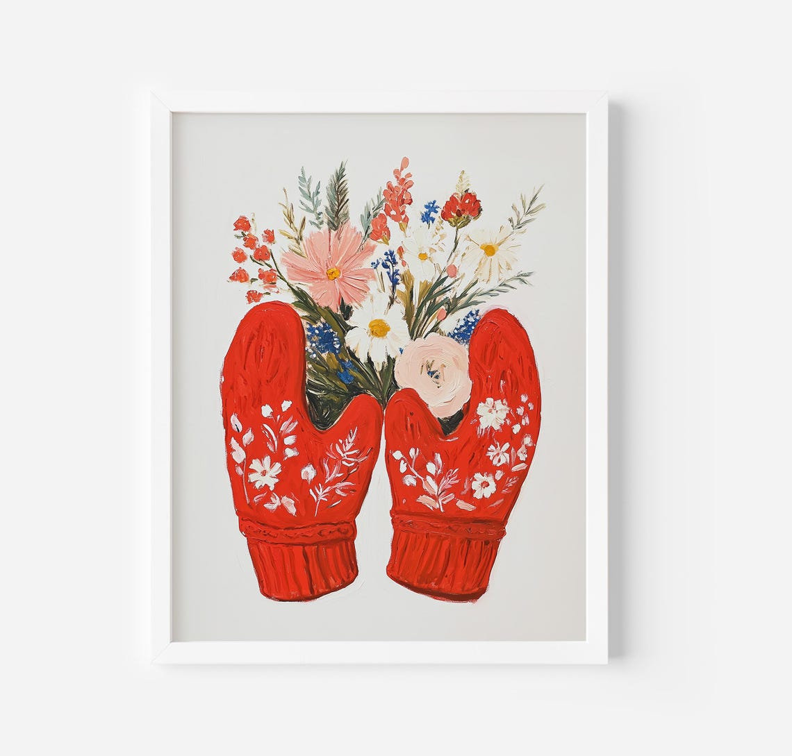 Cozy Red Knit Mittens Fresh Wildflower Bouquet Winter Art Poster