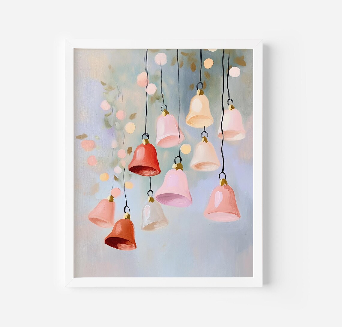 Christmas Bells Painting With Holly, Vintage Holiday Print