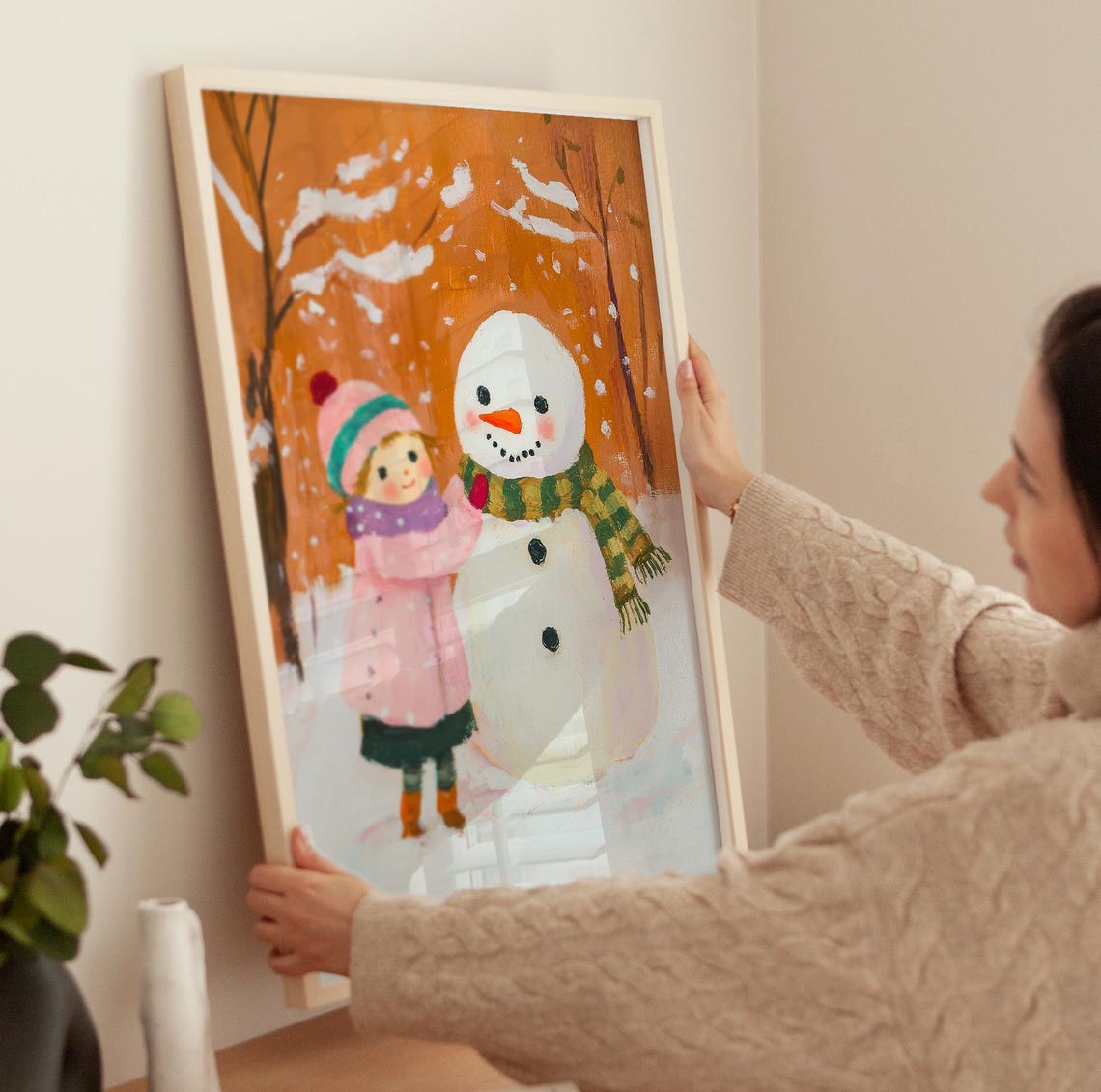 Girl Building Snowman Art Print Snowy Christmas Art Winter Holiday Decor Pink Christmas Painting Snowman Art - Image 3