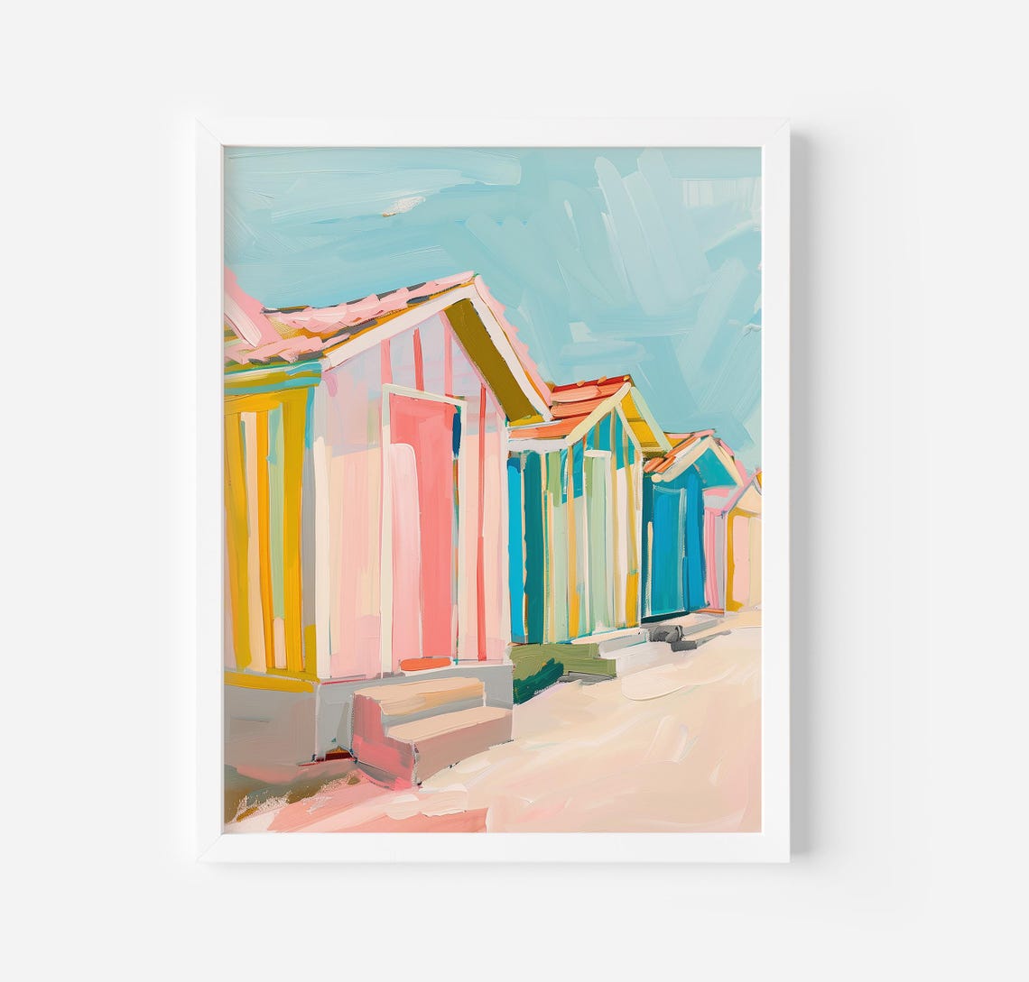 Charming Colorful Pastel Beach Bungalows Retro Summer House Poster