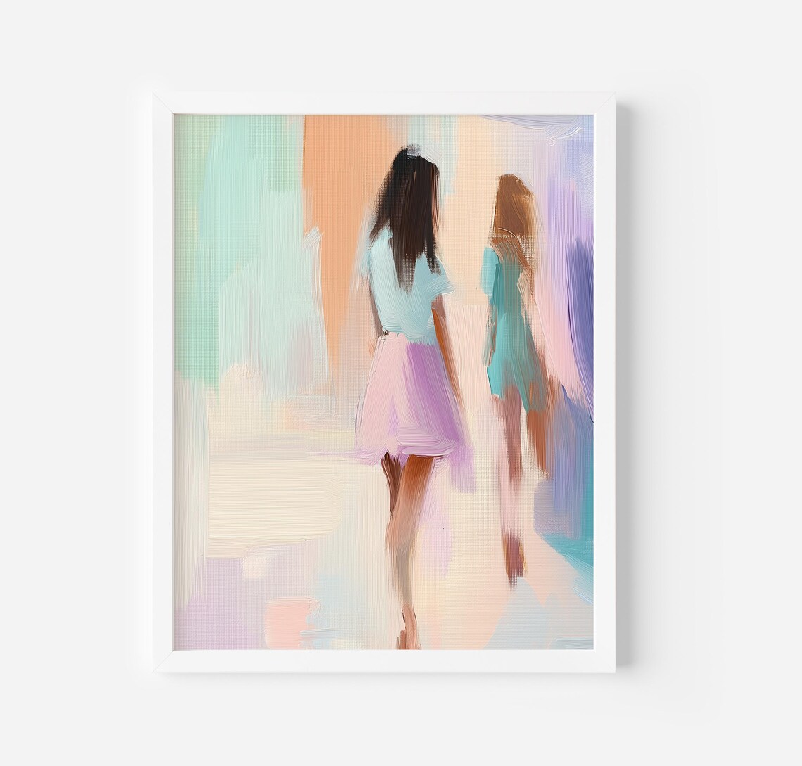 Girls Walking Together Pastel Abstract Women Painting Poster