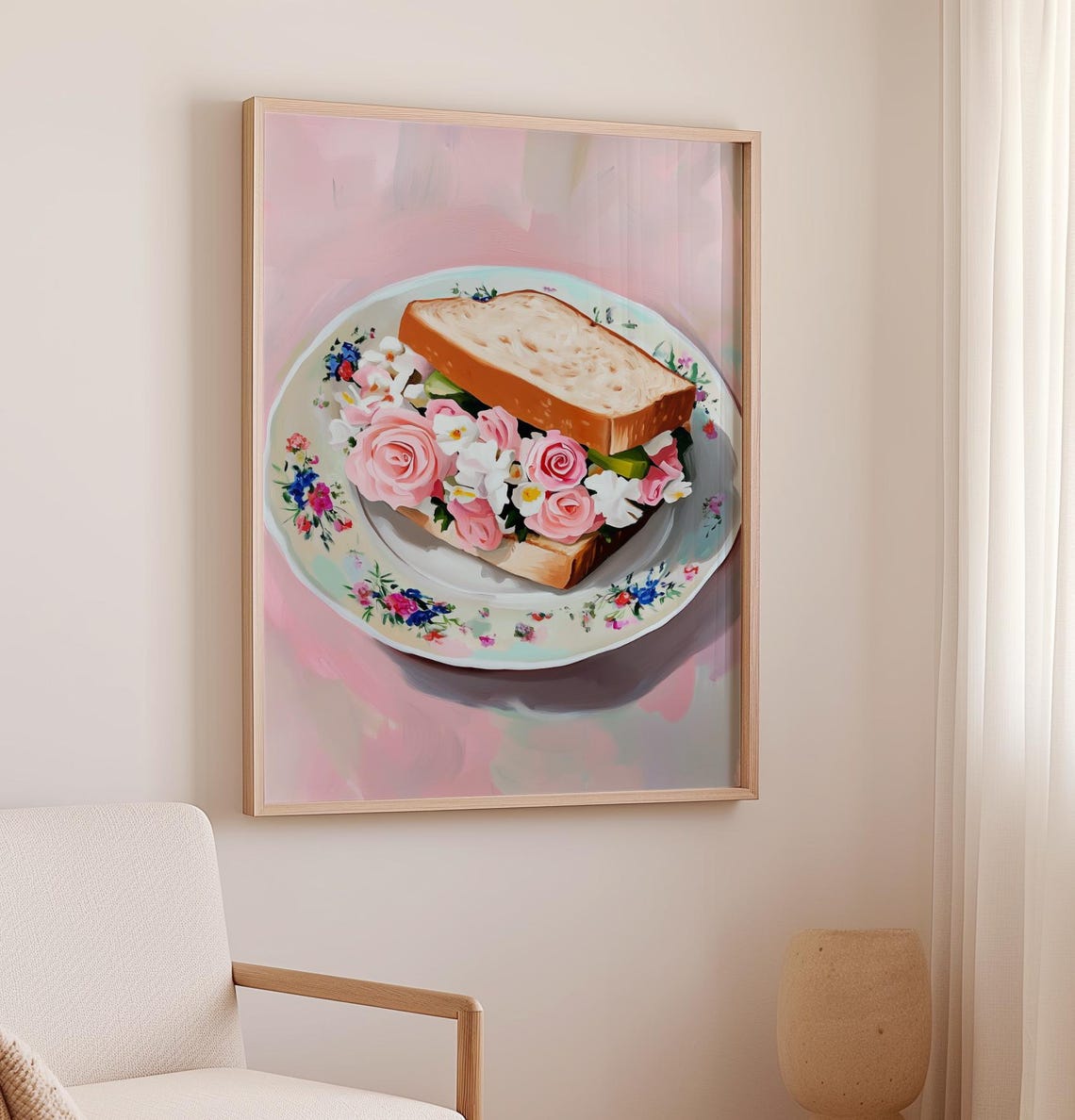 Flower Sandwich With Pink Roses on Floral Plate Kitchen Art Poster - Image 2