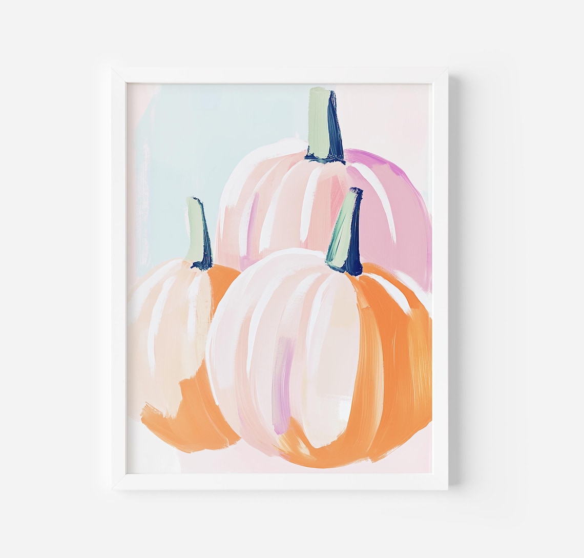 Three Pink Pumpkins Pastel Fall Halloween Watercolor Painting Poster