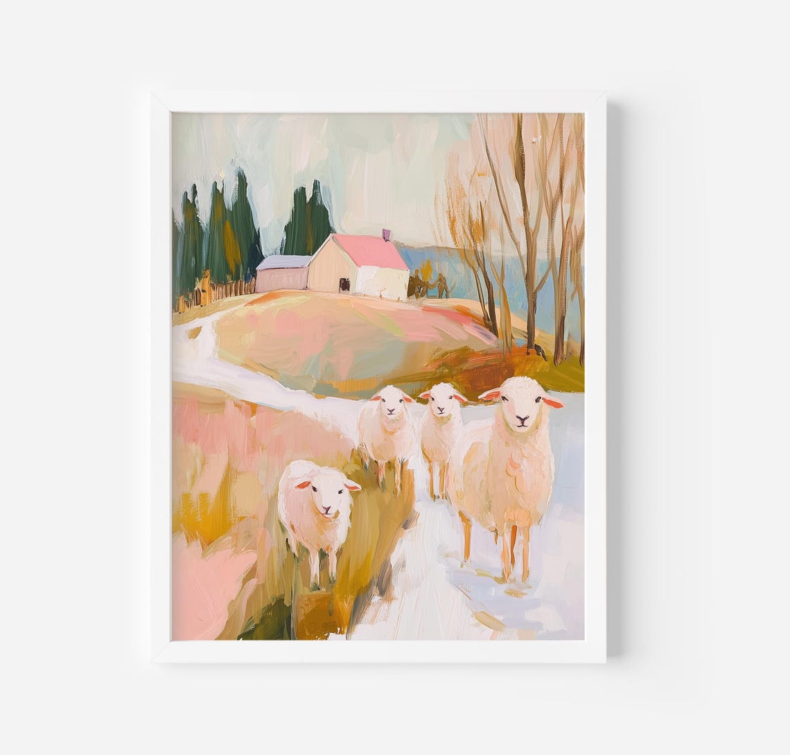 Four Sheep Grazing by Pink Barn Rustic Farmhouse Field Poster