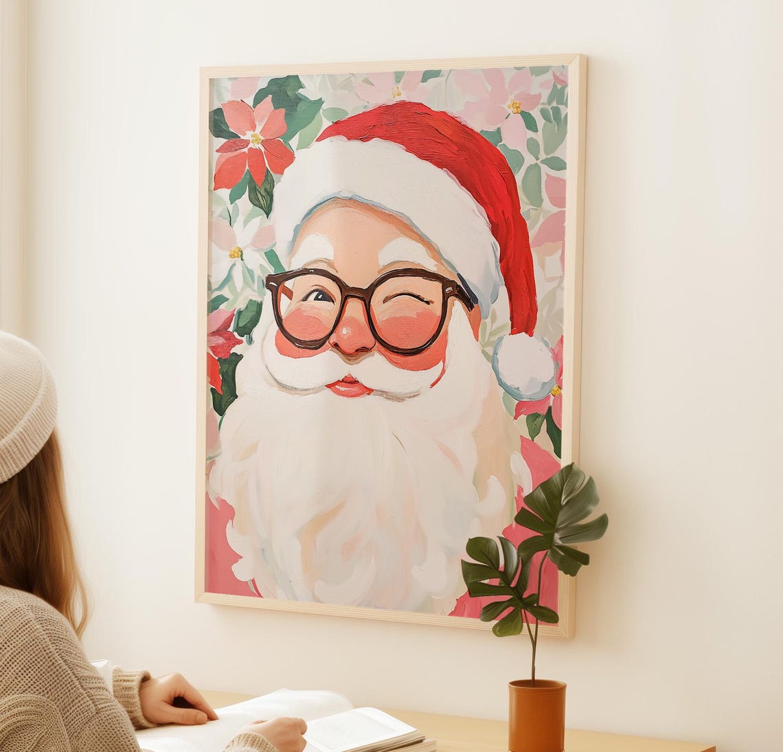 Winking Santa Claus With Glasses Poinsettia Festive Holiday Poster - Image 2
